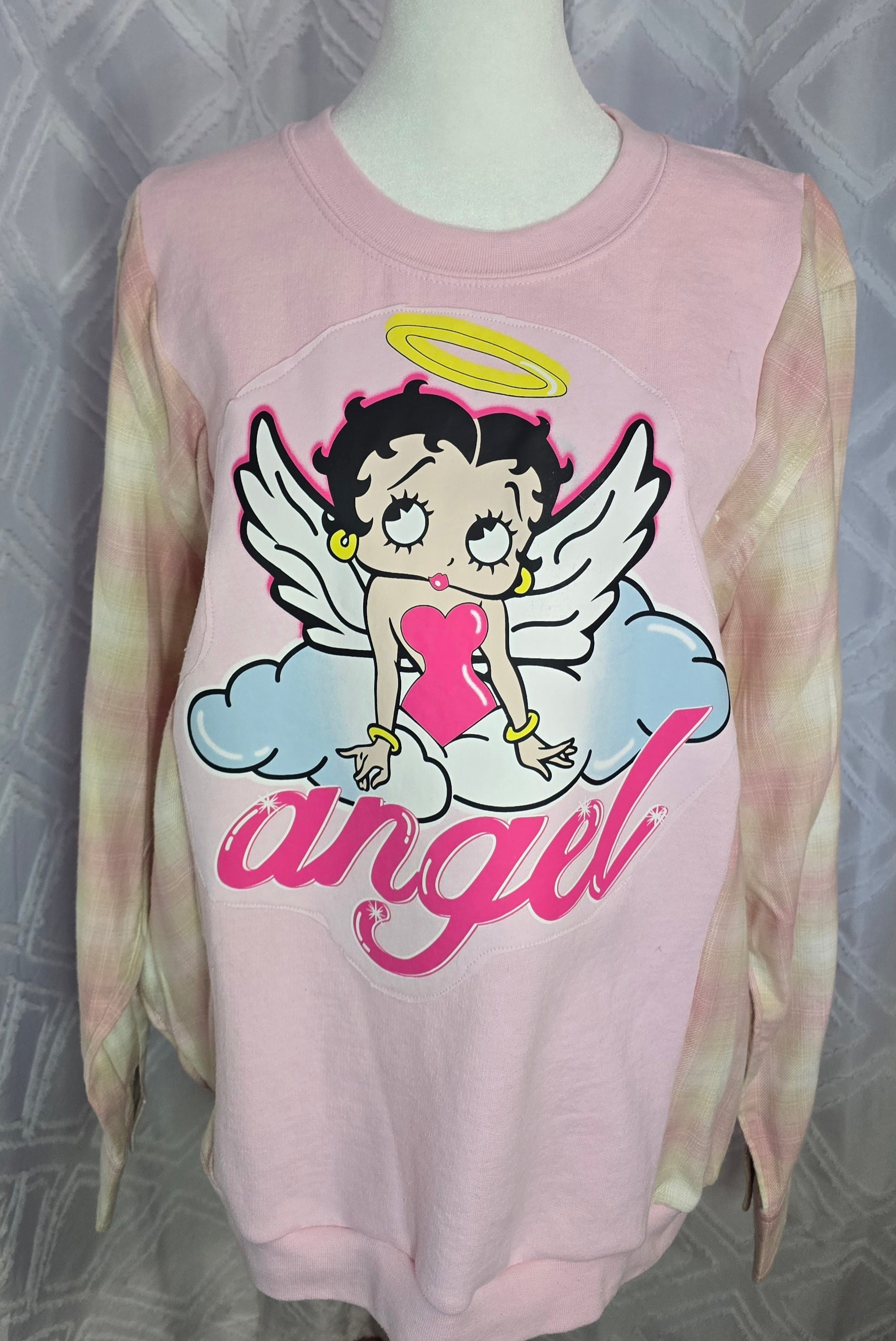 Betty Boop Pink Angel Sweatshirt, size M with flannel sleeves