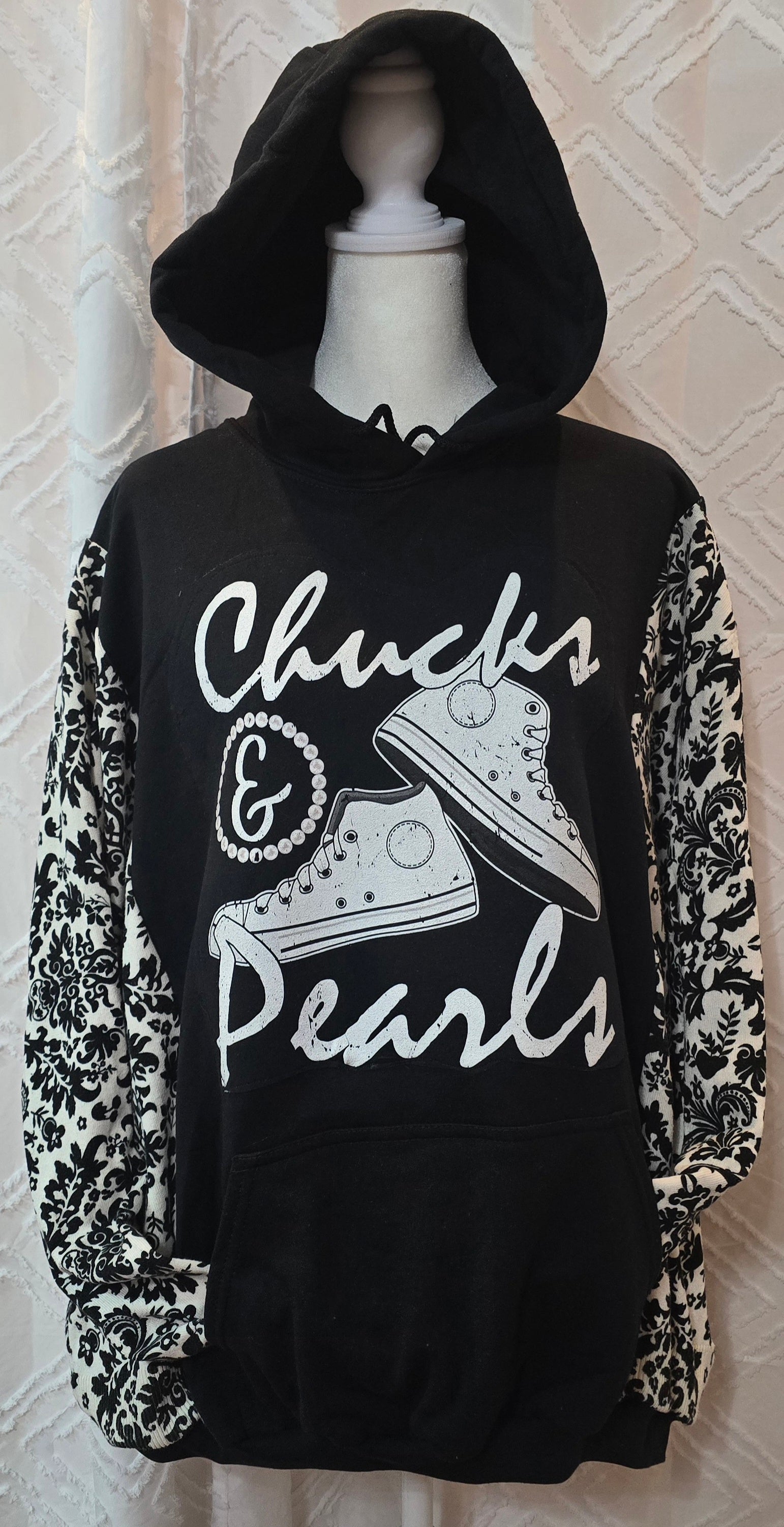 Chucks and Pearls (black), size 2XL with floral sweater sleeves