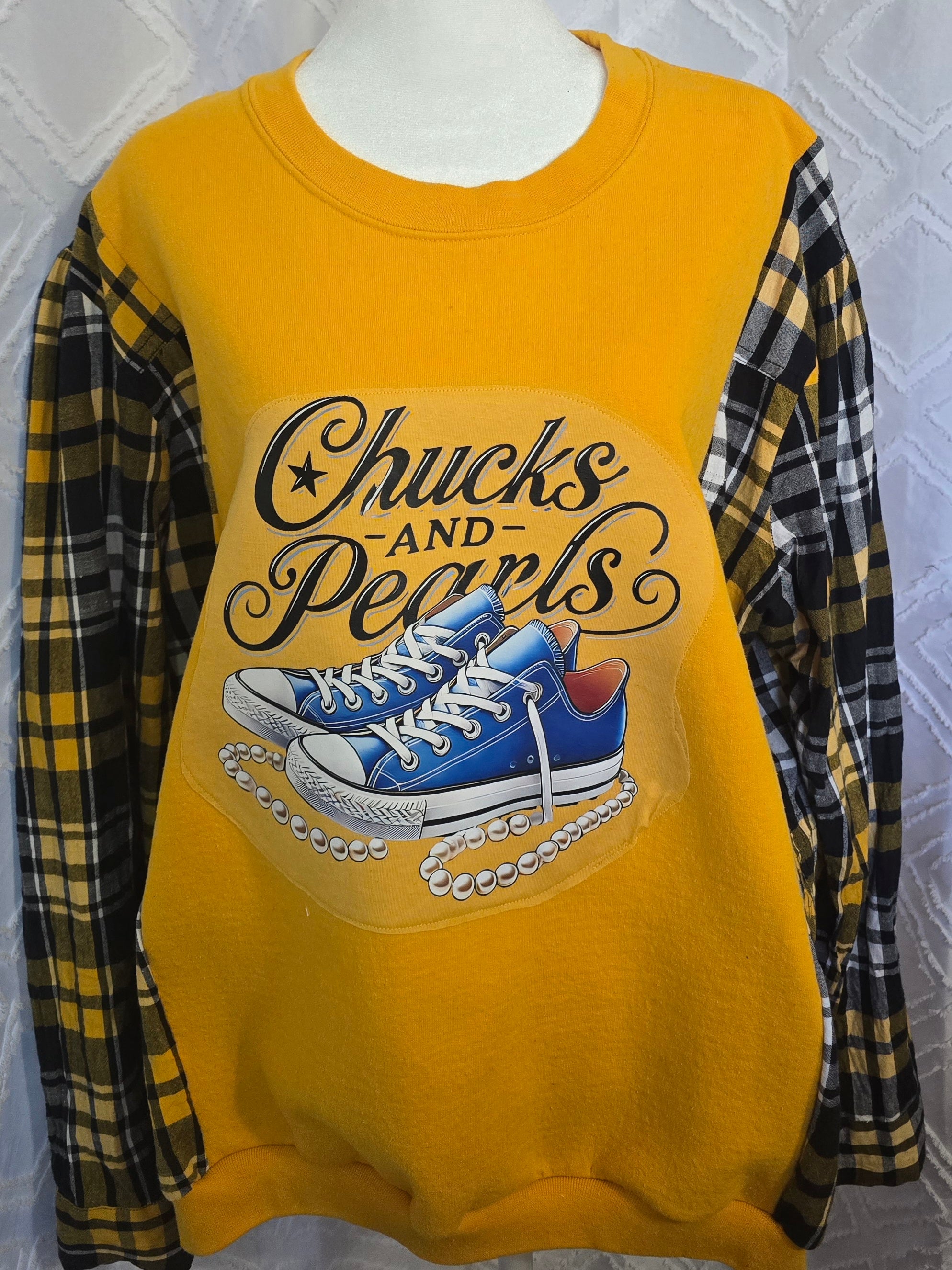 Chucks and Pearls Sweatshirt (yellow), size XL with flannel sleeves
