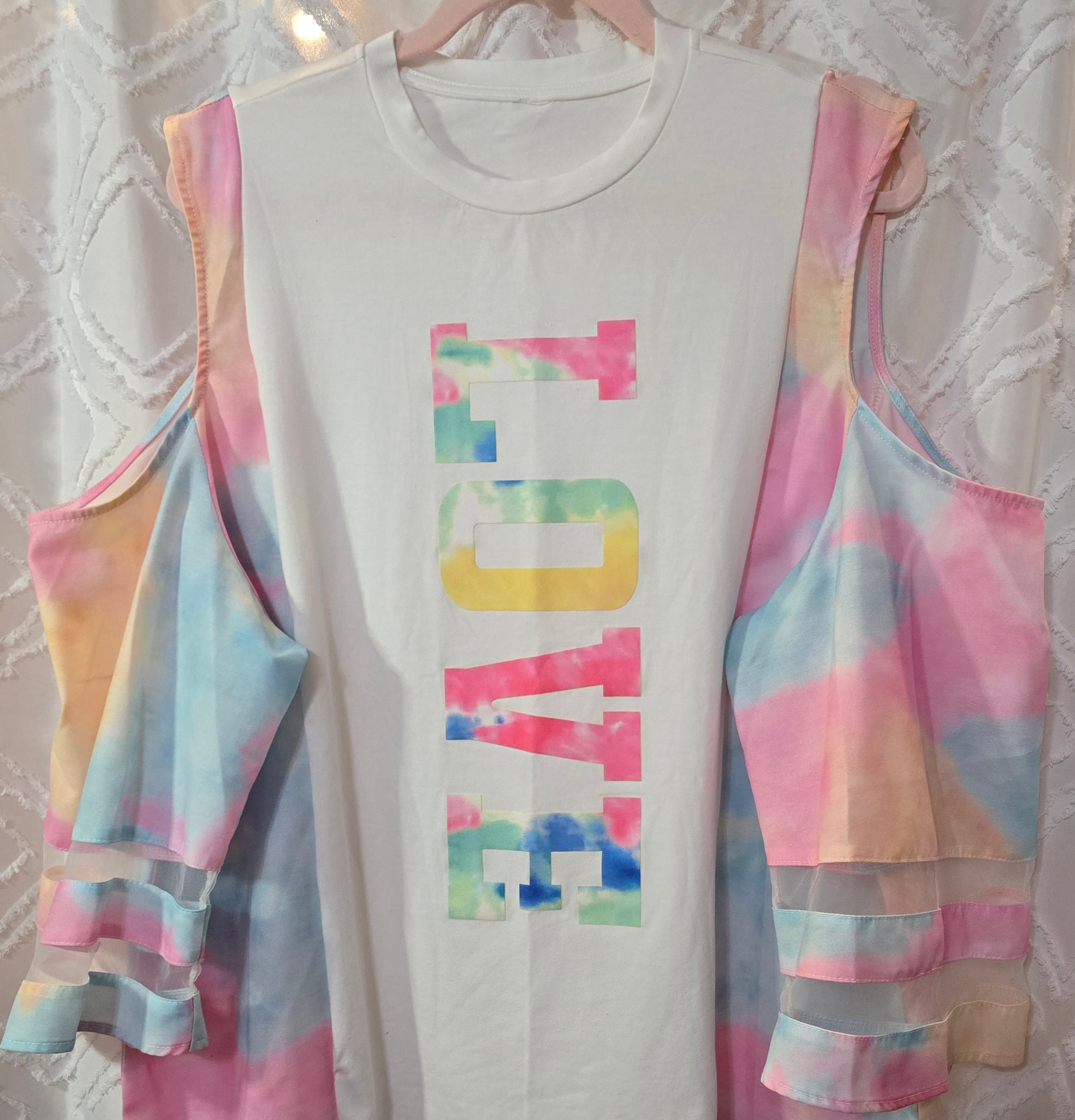 LOVE off-the-shoulder top with polyester sleeves, size S
