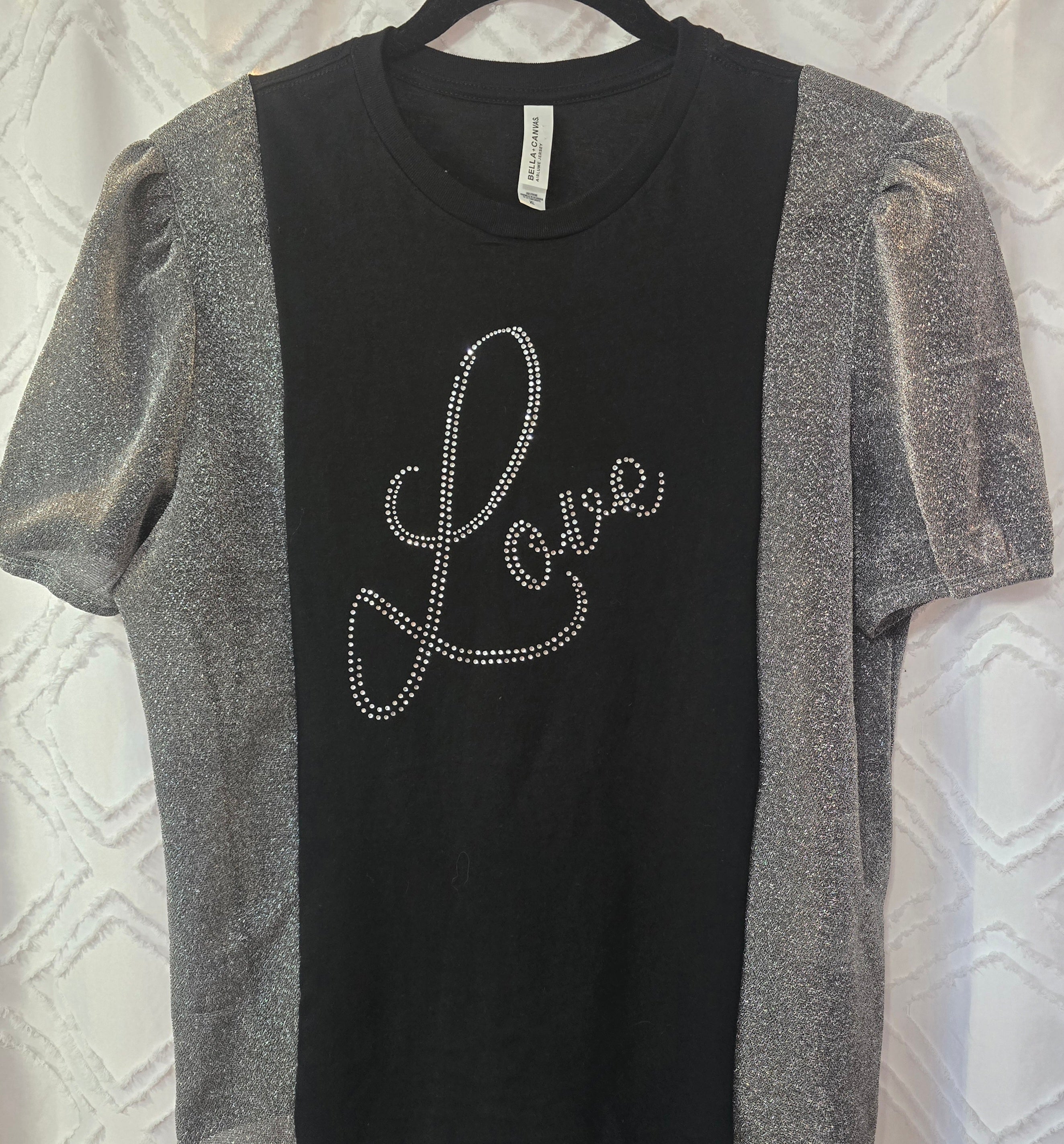 Love shirt with short, sparkly sleeves, size M