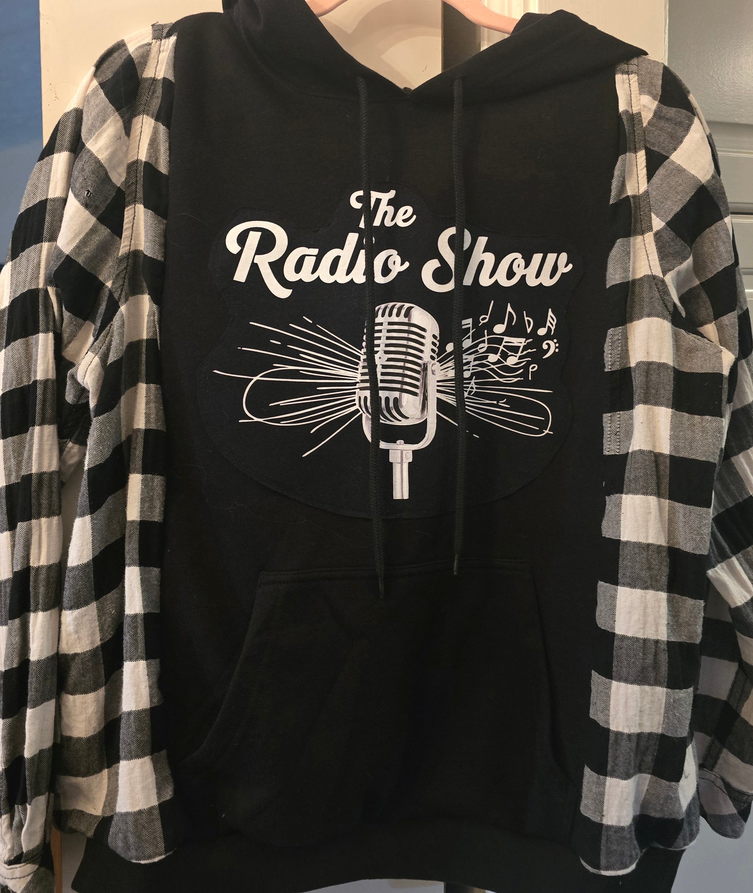Radio Show Hoodie, size XL with flannel sleeves