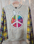Snoopy Peace Sign Hoodie with flannel sleeves, size M